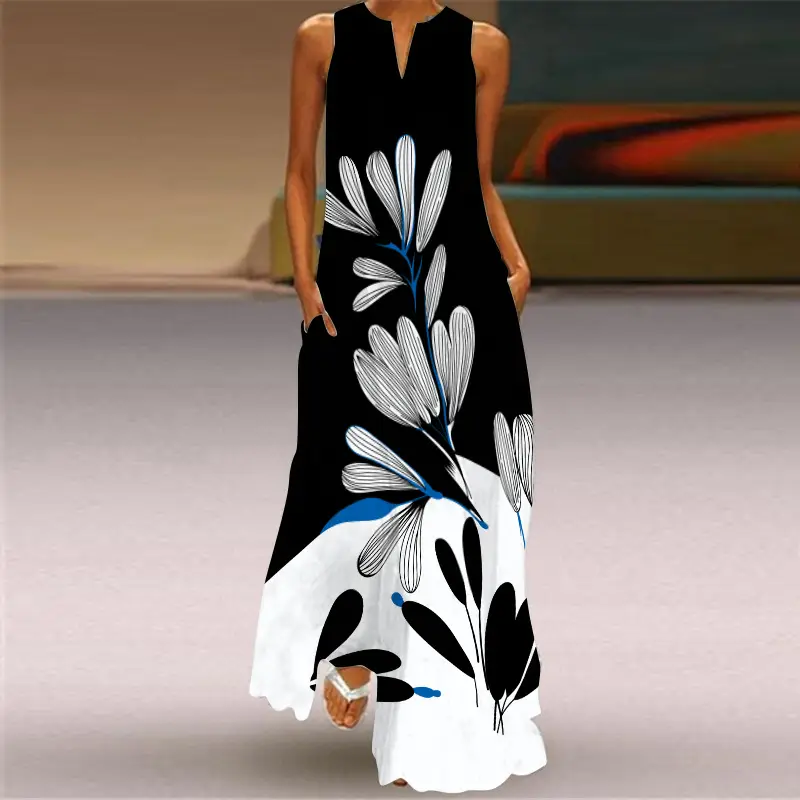 Women's V-Neck Printed Sleeveless Dress Black White - Image 4