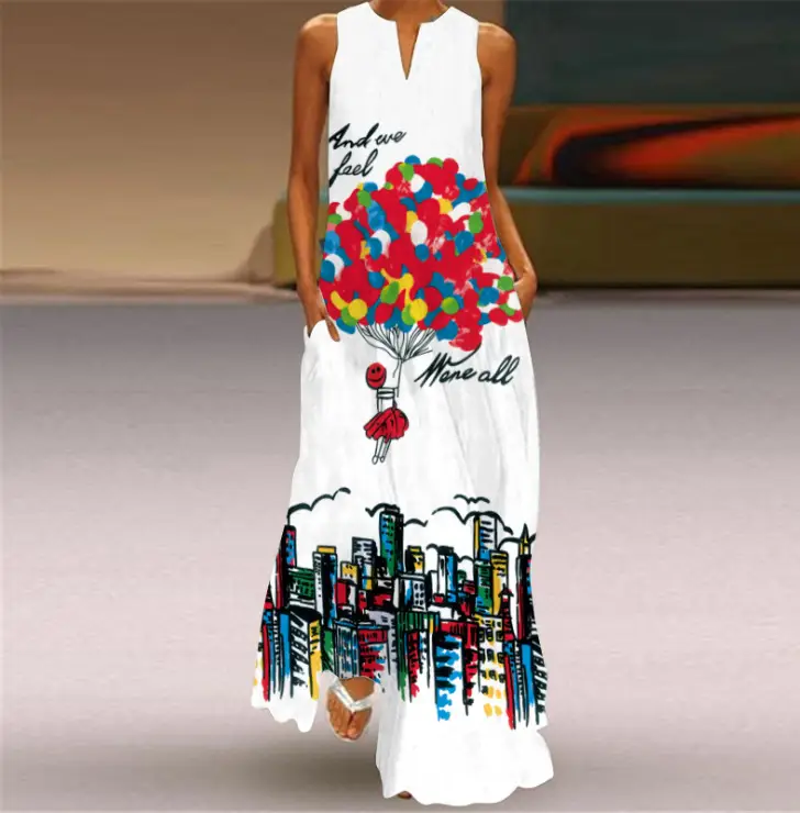 Women's V-Neck Printed Sleeveless Dress Black White - Image 34