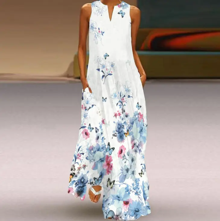 Women's V-Neck Printed Sleeveless Dress Black White - Image 35