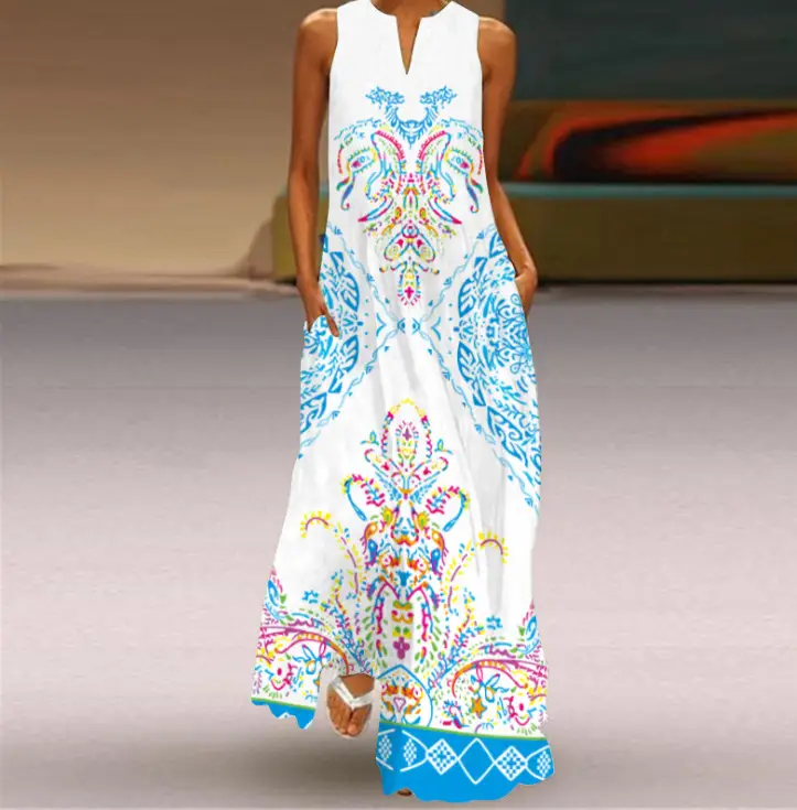 Women's V-Neck Printed Sleeveless Dress Black White - Image 36