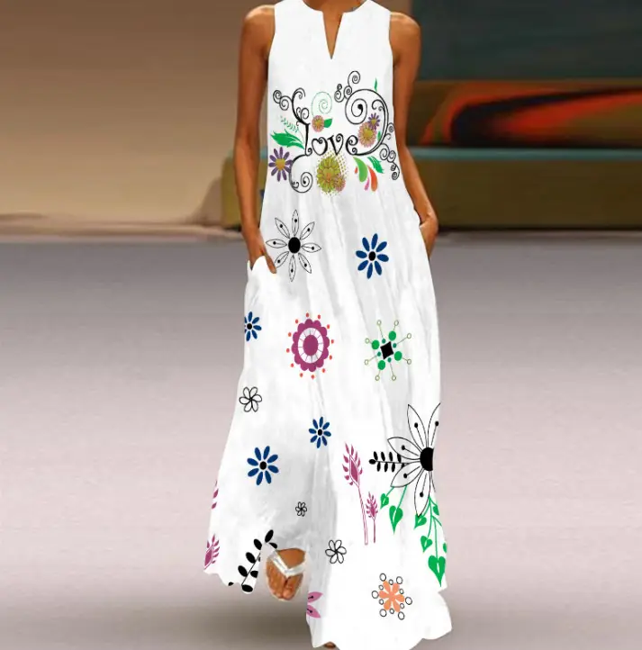Women's V-Neck Printed Sleeveless Dress Black White - Image 37