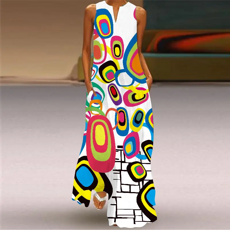 Women's V-Neck Printed Sleeveless Dress Black White - Image 5