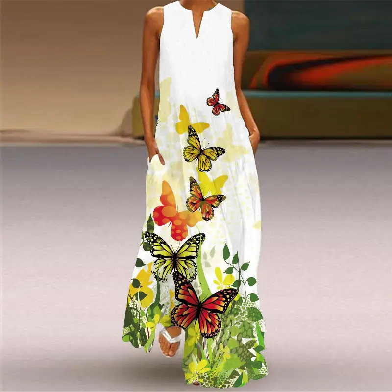 Women's V-Neck Printed Sleeveless Dress Black White - Image 6