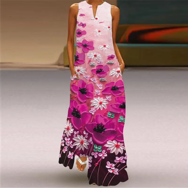 Women's V-Neck Printed Sleeveless Dress Black White - Image 7