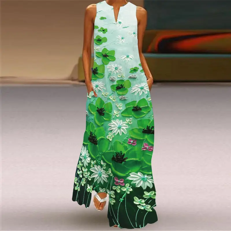 Women's V-Neck Printed Sleeveless Dress Black White - Image 8