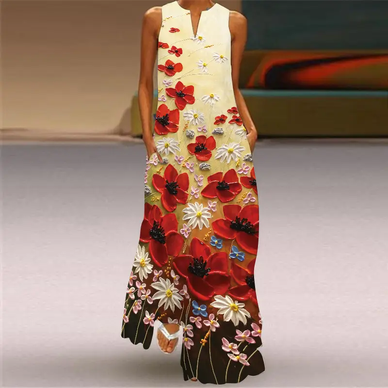 Women's V-Neck Printed Sleeveless Dress Black White - Image 9