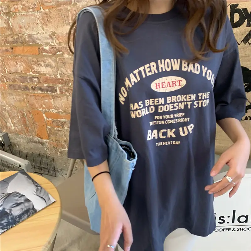 2025 Korean Style Women's Blue T-Shirt Back Up Graphic — feature 19