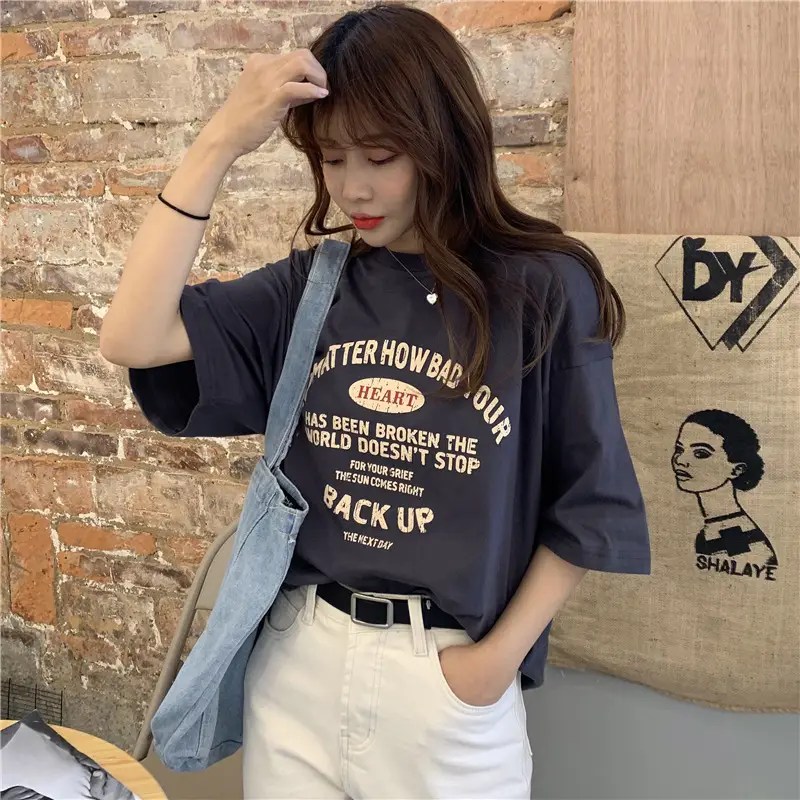2025 Korean Style Women's Blue T-Shirt Back Up Graphic — feature 20