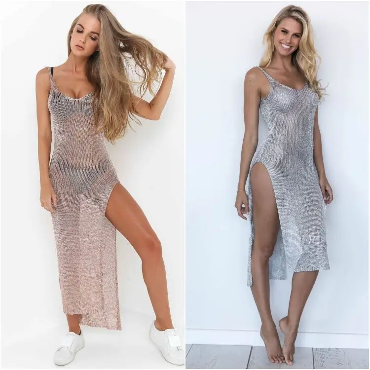 Women's Mesh Sexy Bikini Dress Silver High Slit Sleeveless - Image 5