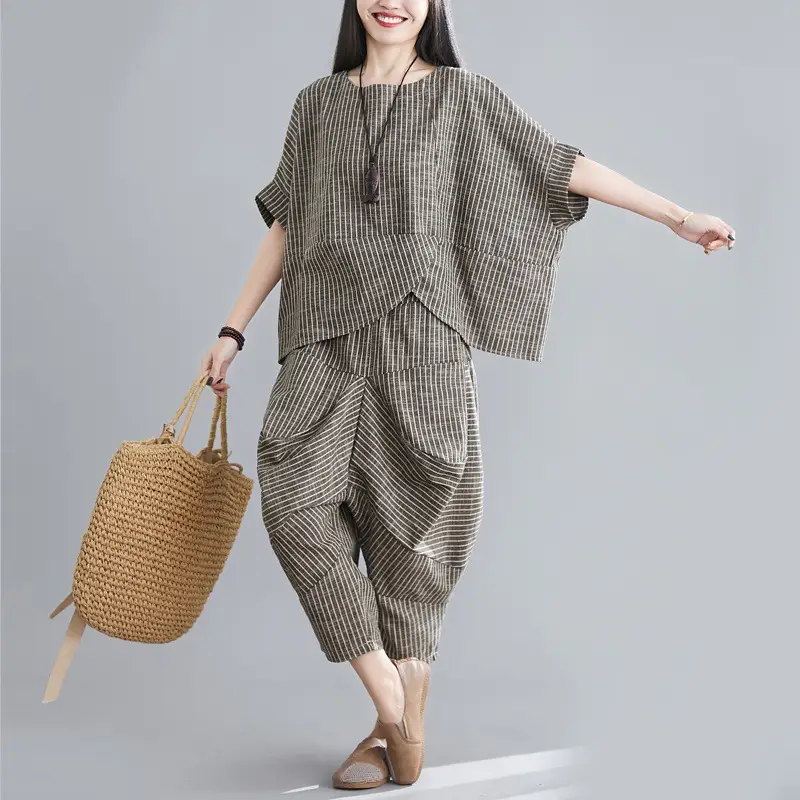 Women Casual Linen Striped Suit 2021 - Image 3