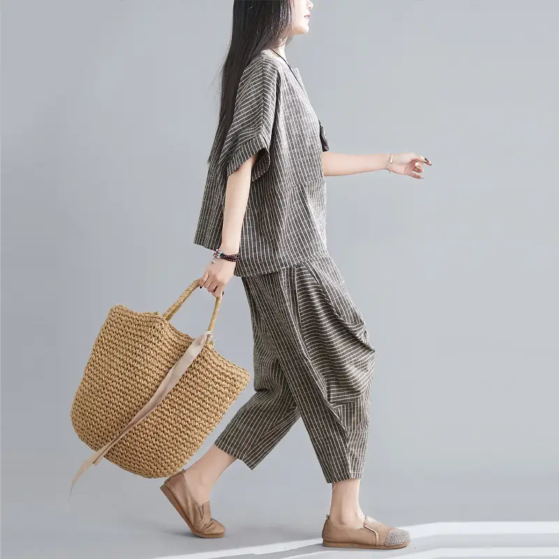 Women Casual Linen Striped Suit 2021 - Image 4