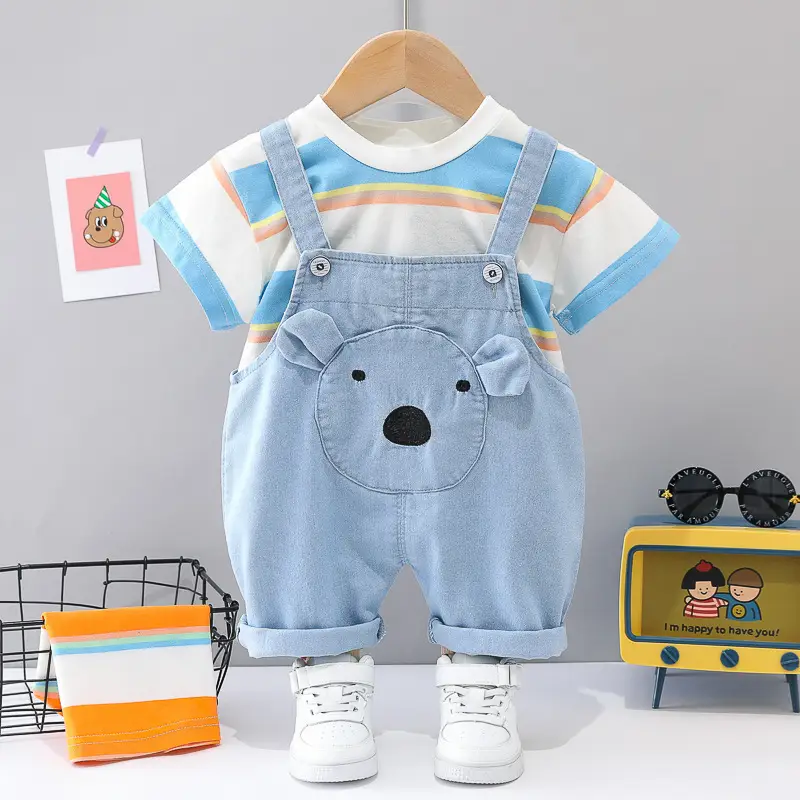 2021 Summer Boys Girls Rainbow Denim Suspenders Set - Image 3