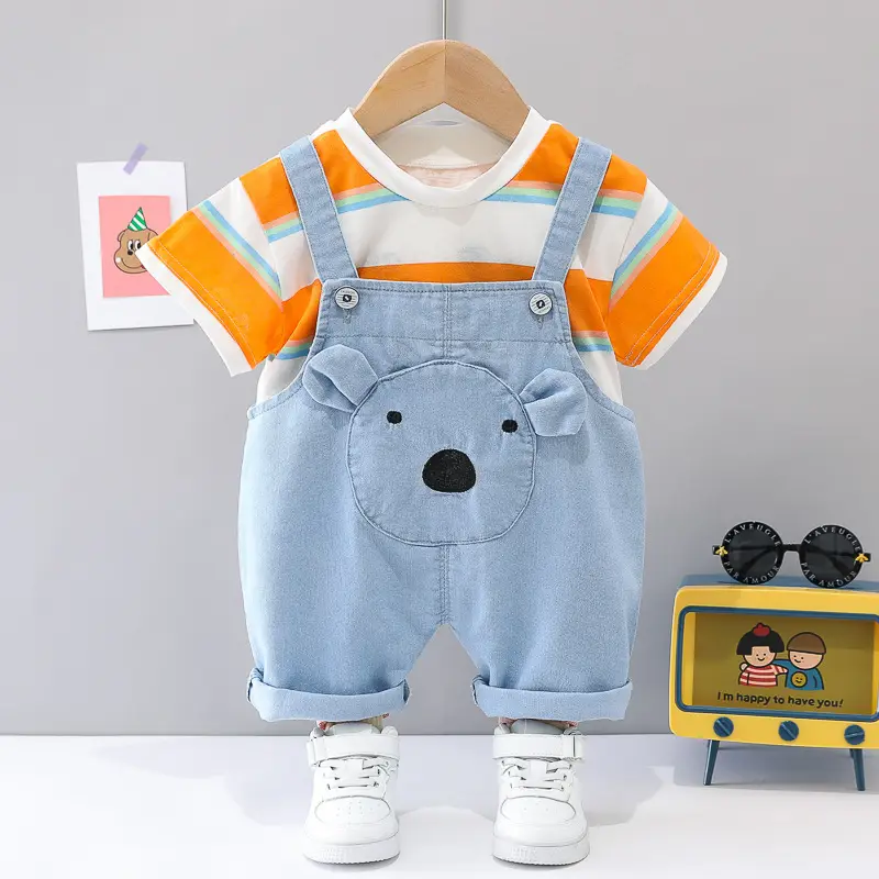 2021 Summer Boys Girls Rainbow Denim Suspenders Set - Image 2