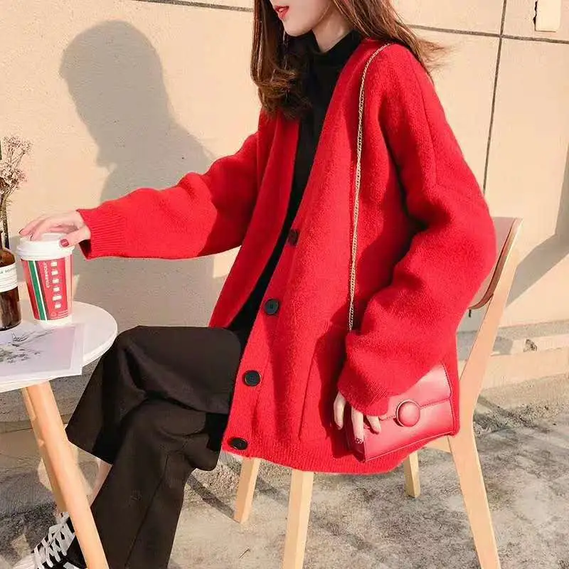 2025 Women's New Knitted Cardigan Brown Loose V Neck Pocket - Image 9