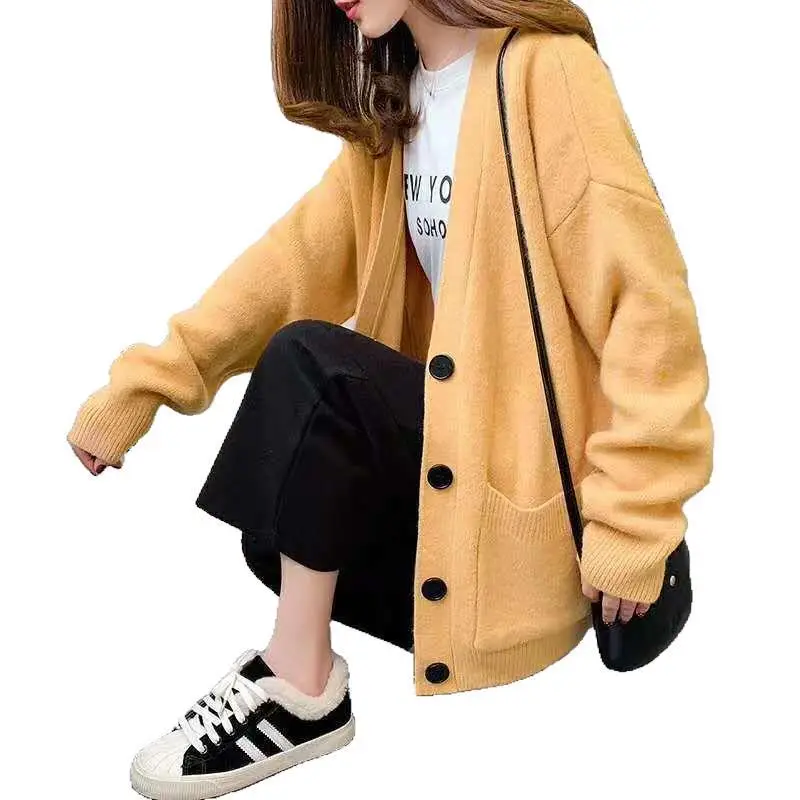 2025 Women's New Knitted Cardigan Brown Loose V Neck Pocket - Image 11