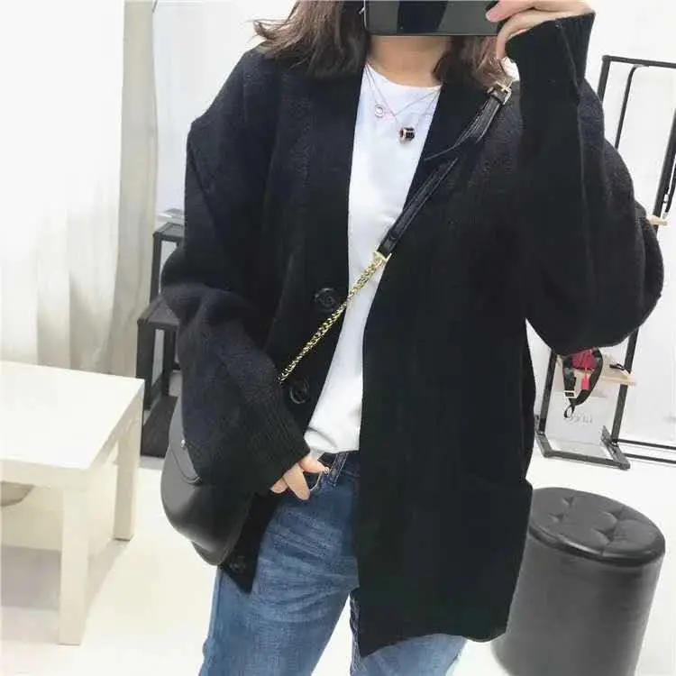 2025 Women's New Knitted Cardigan Brown Loose V Neck Pocket - Image 3