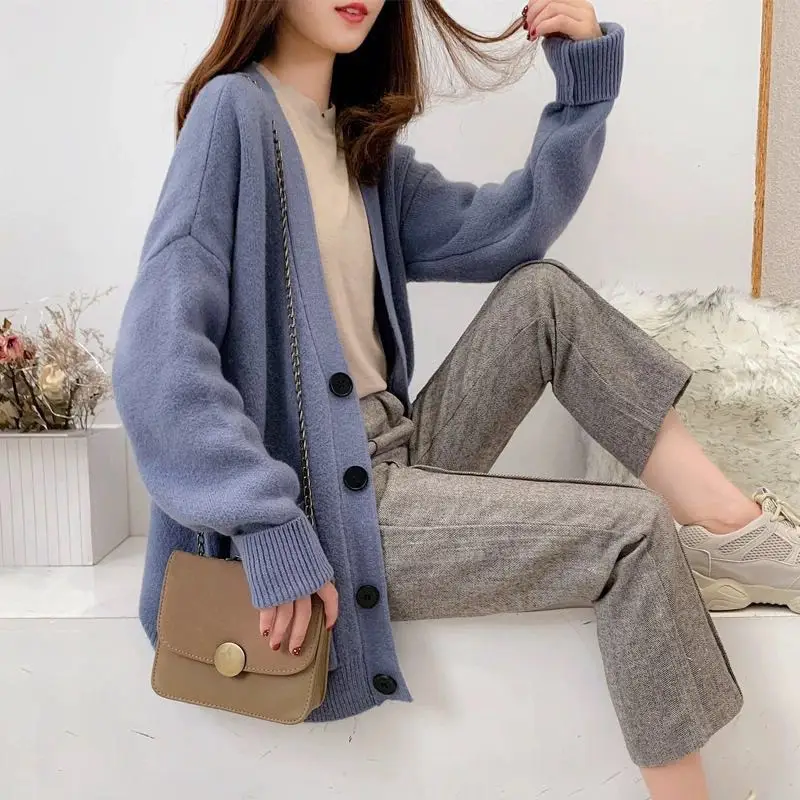 2025 Women's New Knitted Cardigan Brown Loose V Neck Pocket - Image 5