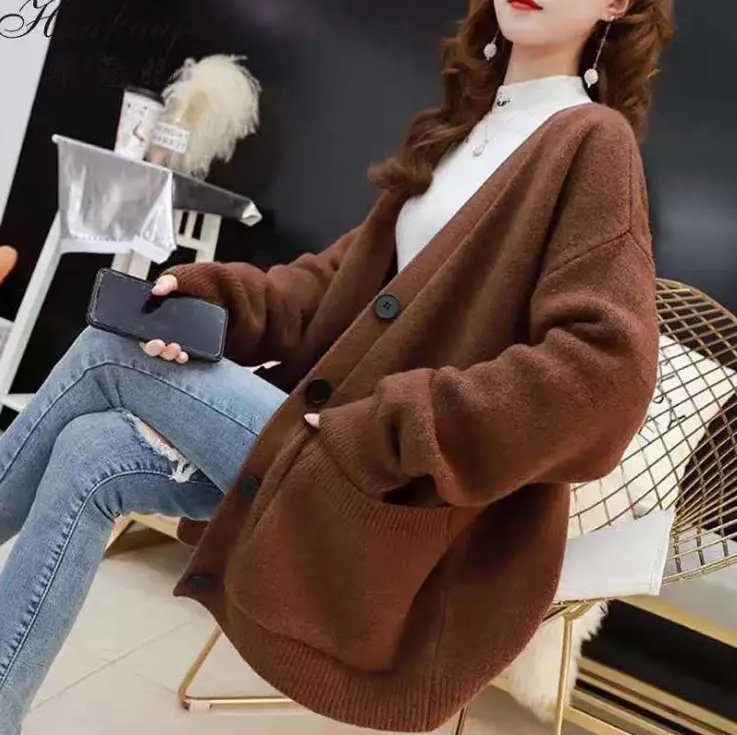 2025 Women's New Knitted Cardigan Brown Loose V Neck Pocket - Image 6