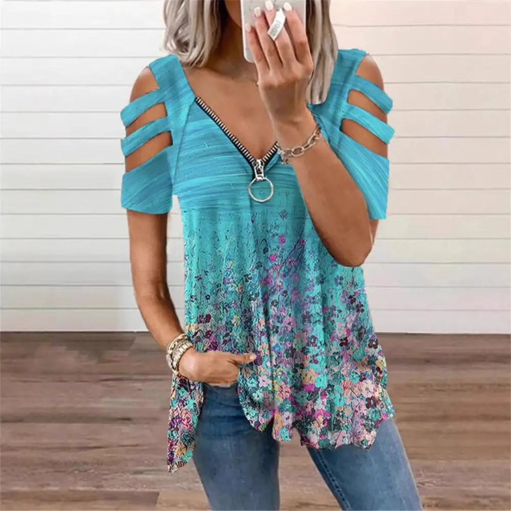 Women's V-Neck Zipper Printed T-Shirt Pink - Image 19