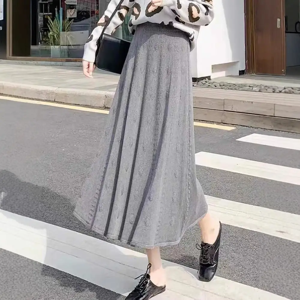 Women Knitted Wool Skirt Gray High Waist Autumn Winter - Image 6
