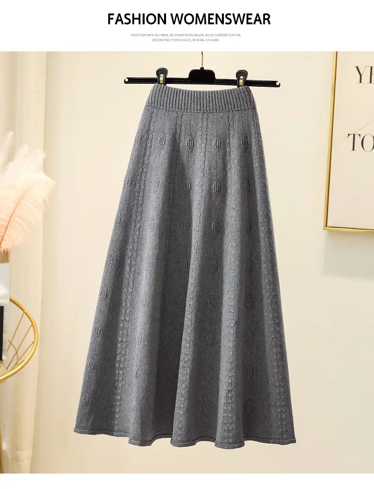 Women Knitted Wool Skirt Gray High Waist Autumn Winter — feature 8