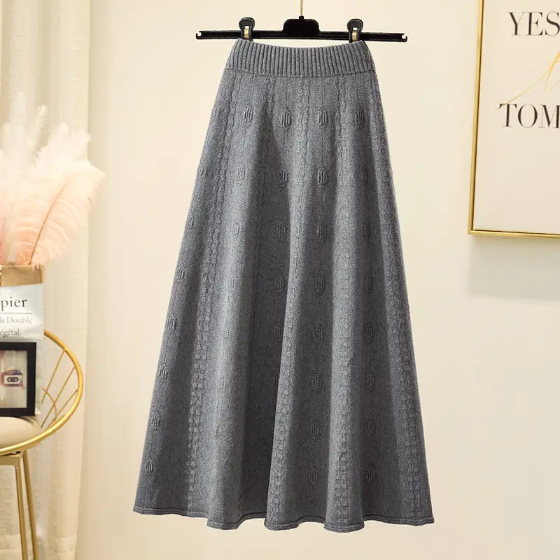 Women Knitted Wool Skirt Gray High Waist Autumn Winter - Image 2