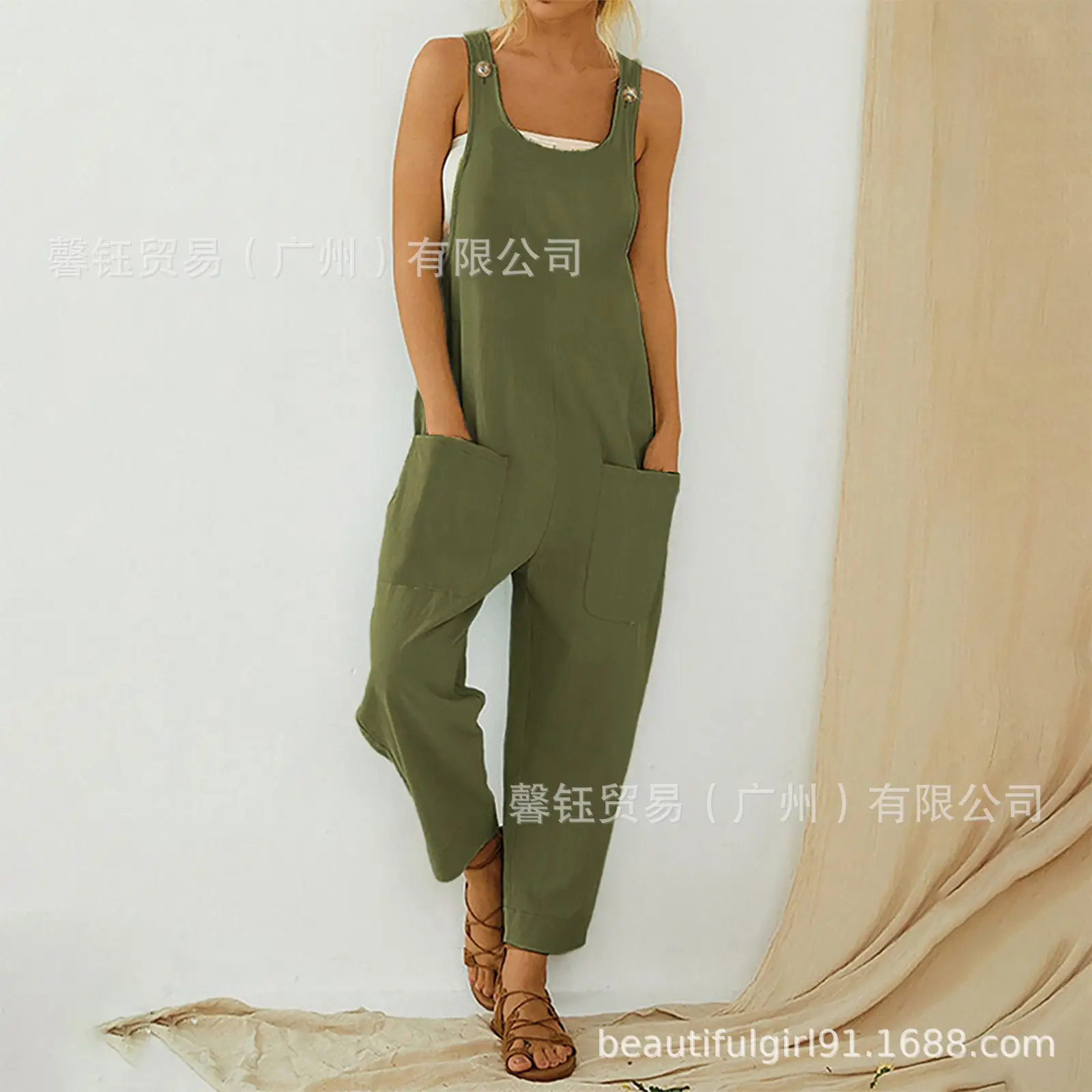 Women's Olive Green Strap Pants Set Slim Fit Casual 2023 - Image 4