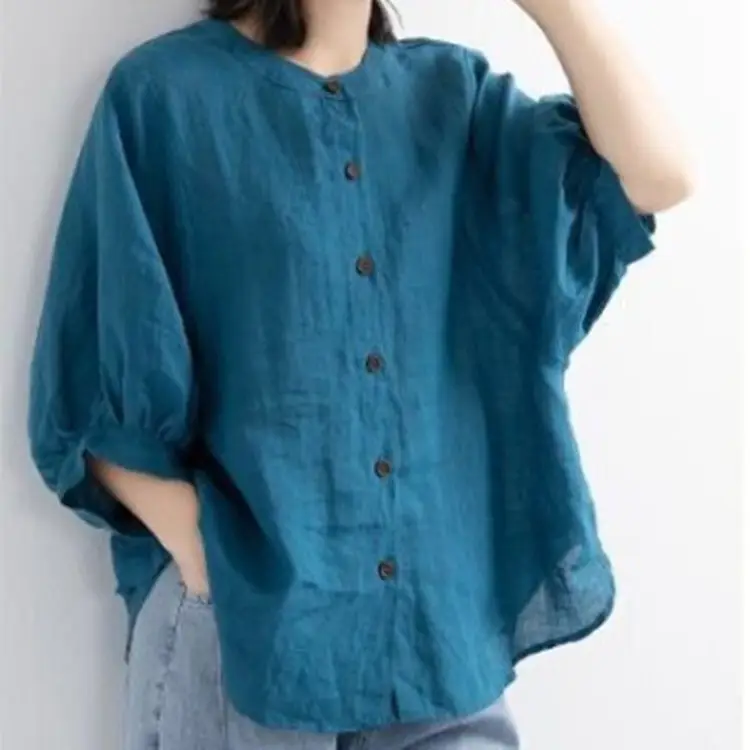 Women Black Cotton Linen Shirt Loose Large 2025 Summer - Image 8