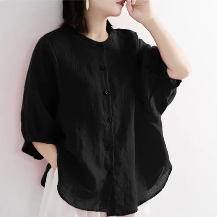 Women Black Cotton Linen Shirt Loose Large 2025 Summer - Image 9