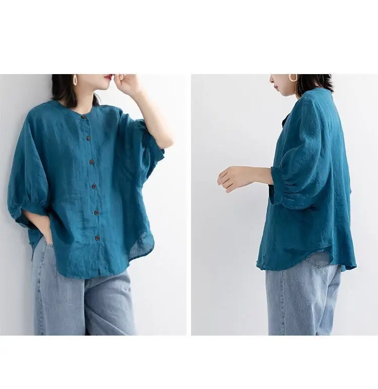 Women Black Cotton Linen Shirt Loose Large 2025 Summer — feature 10