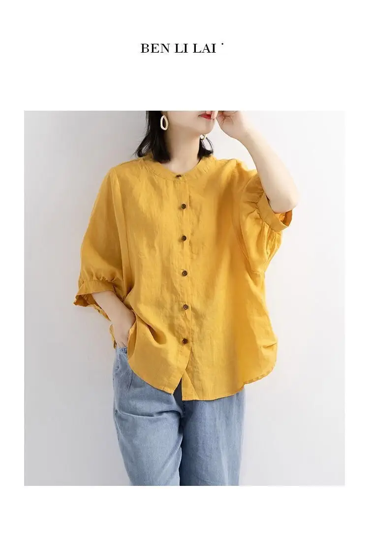 Women Black Cotton Linen Shirt Loose Large 2025 Summer — feature 11