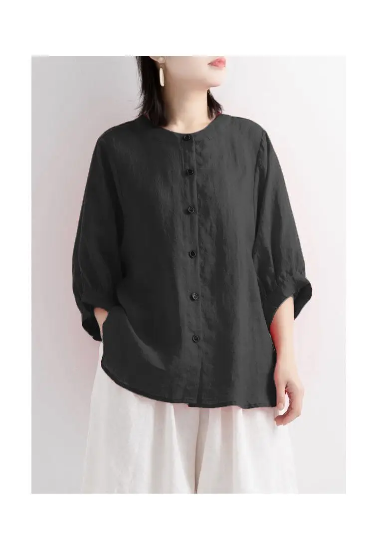 Women Black Cotton Linen Shirt Loose Large 2025 Summer — feature 22