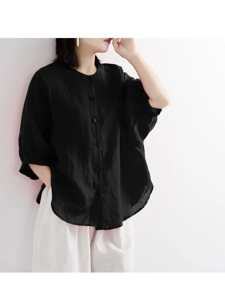 Women Black Cotton Linen Shirt Loose Large 2025 Summer — feature 23