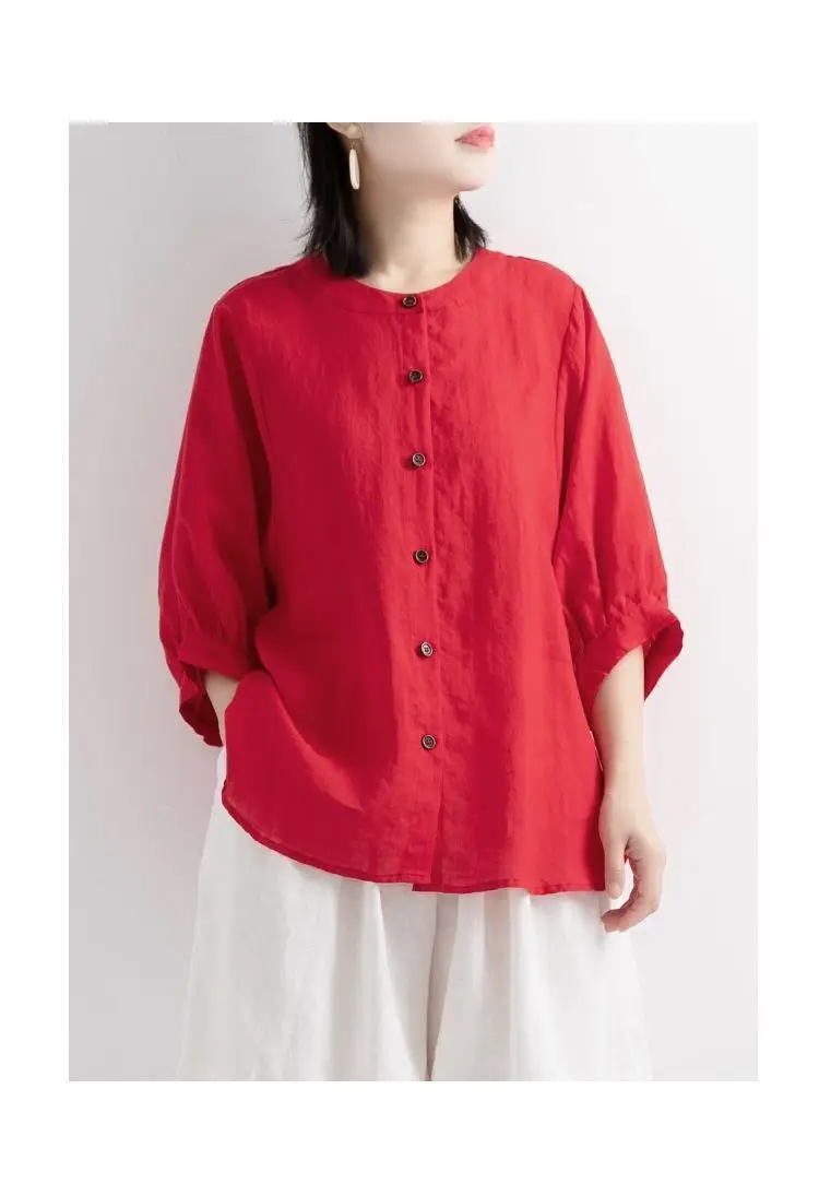 Women Black Cotton Linen Shirt Loose Large 2025 Summer — feature 3