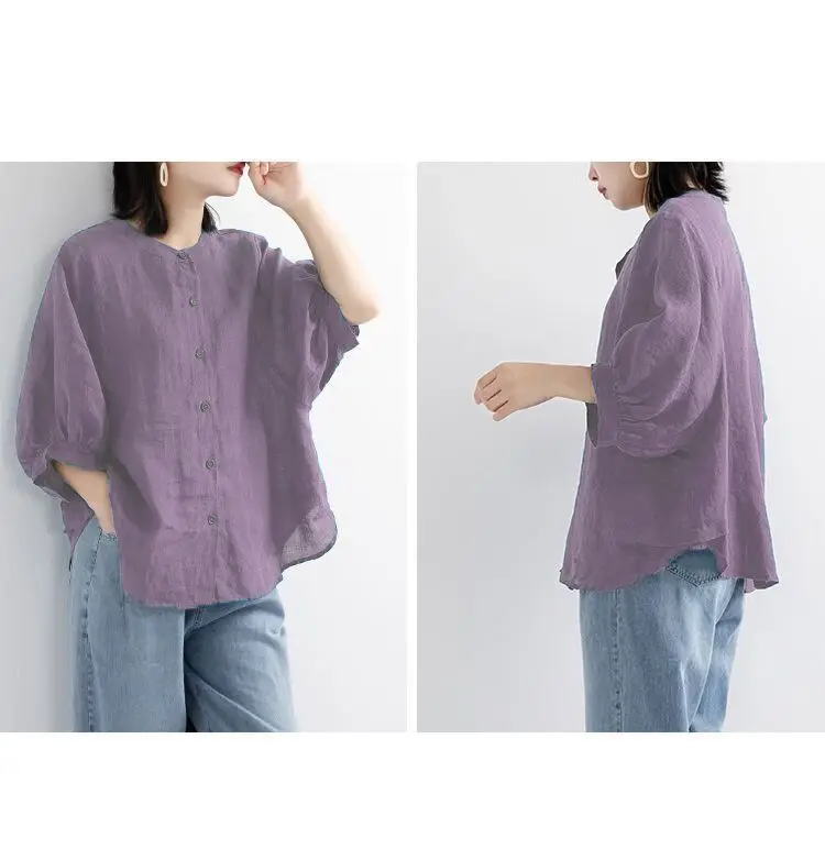 Women Black Cotton Linen Shirt Loose Large 2025 Summer — feature 5