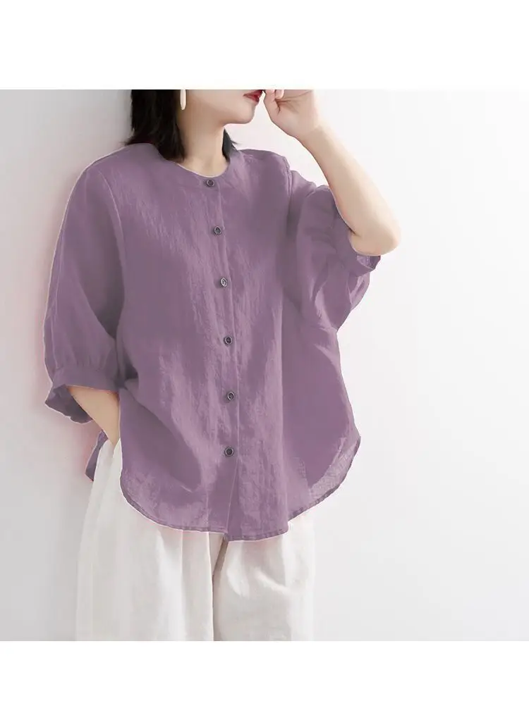 Women Black Cotton Linen Shirt Loose Large 2025 Summer — feature 6