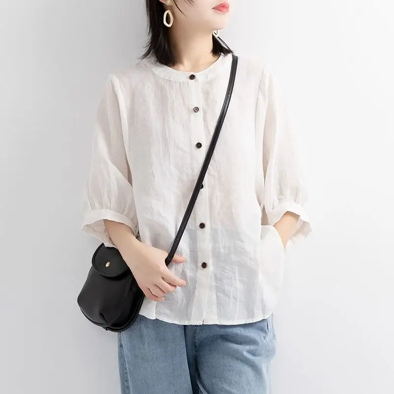 Women Black Cotton Linen Shirt Loose Large 2025 Summer — feature 8