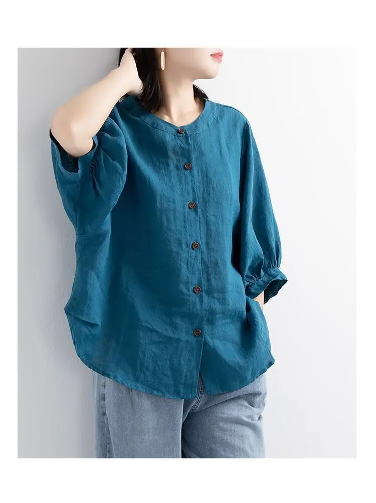 Women Black Cotton Linen Shirt Loose Large 2025 Summer — feature 9