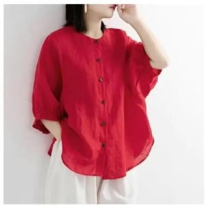 Women Black Cotton Linen Shirt Loose Large 2025 Summer - Image 2