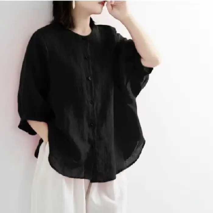 Women Black Cotton Linen Shirt Loose Large 2025 Summer - Image 3