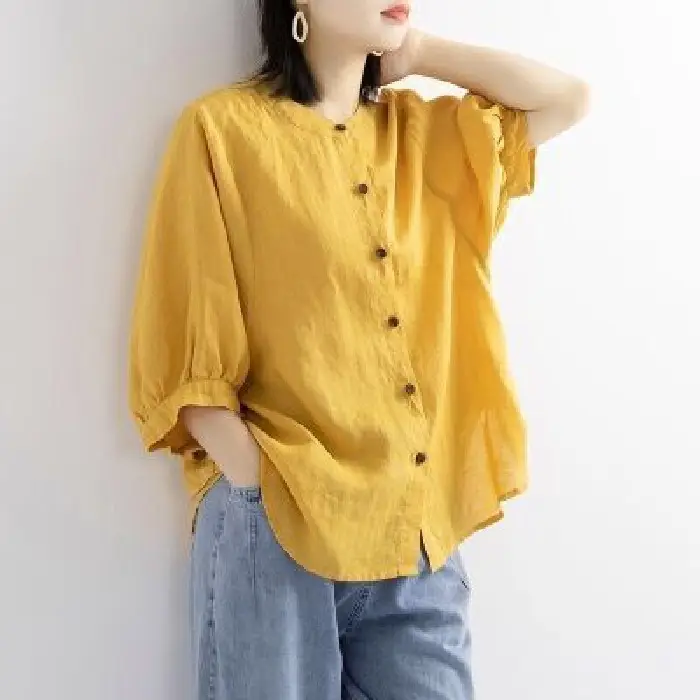 Women Black Cotton Linen Shirt Loose Large 2025 Summer - Image 4