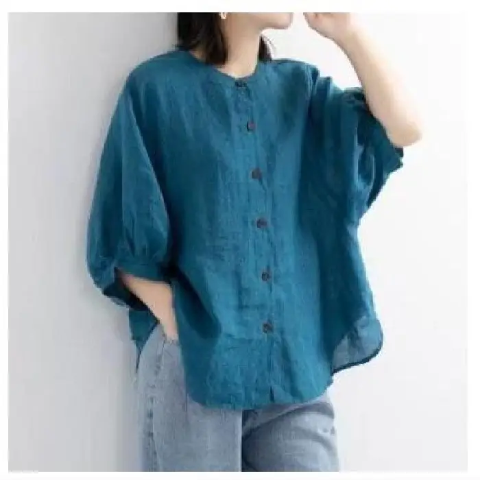 Women Black Cotton Linen Shirt Loose Large 2025 Summer - Image 6
