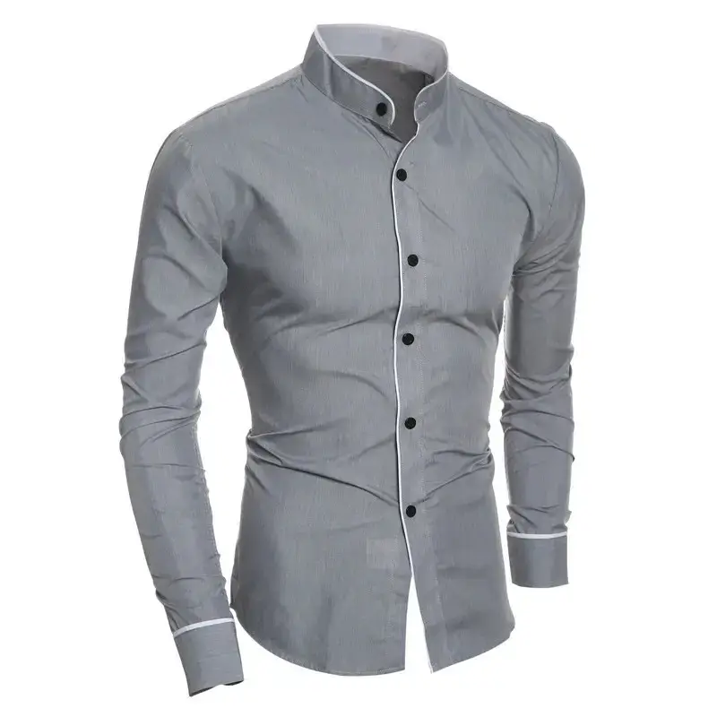 Men's Slim Fit Korean Style Long Sleeve Shirt Black White Gray - Image 5