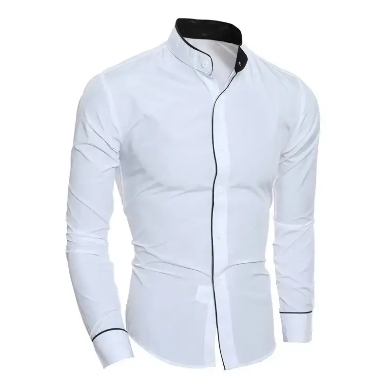 Men's Slim Fit Korean Style Long Sleeve Shirt Black White Gray - Image 6