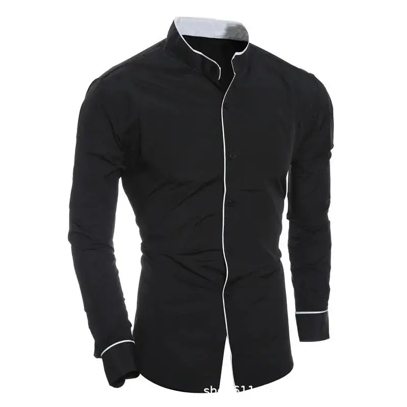 Men's Slim Fit Korean Style Long Sleeve Shirt Black White Gray - Image 2