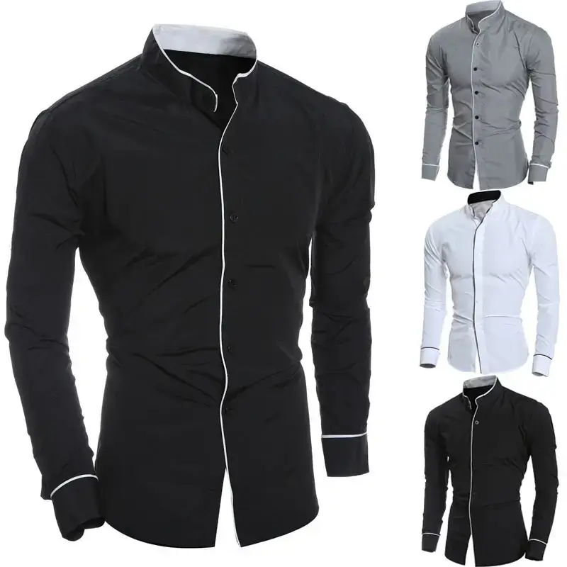 Men's Slim Fit Korean Style Long Sleeve Shirt Black White Gray - Image 7