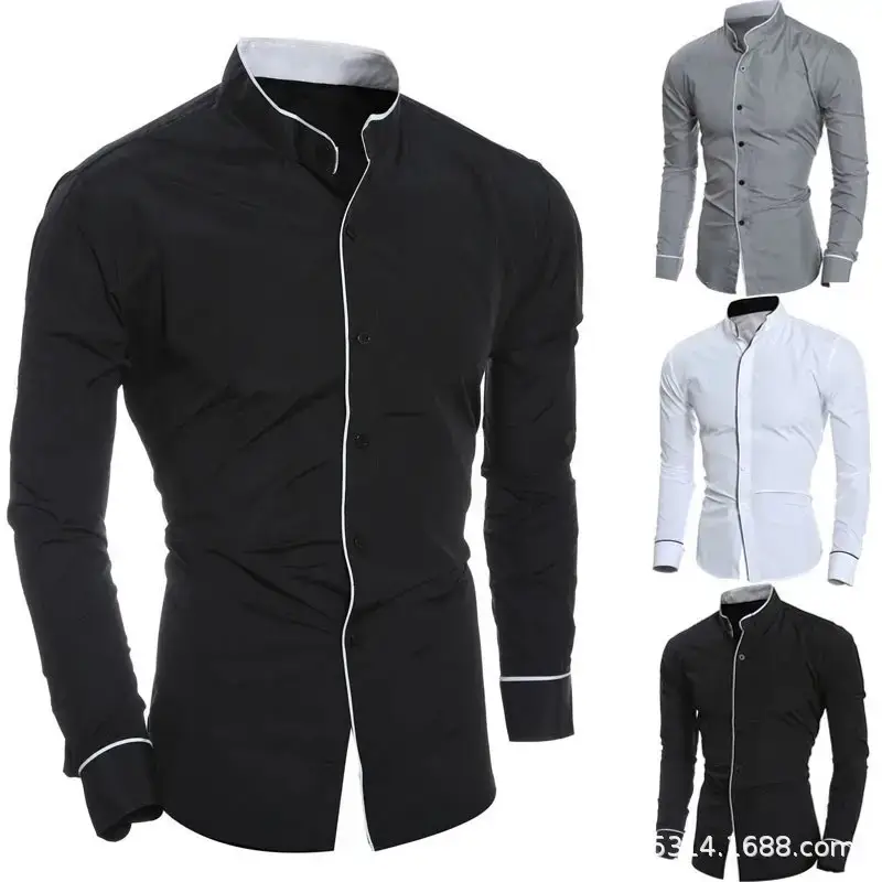 Men's Slim Fit Korean Style Long Sleeve Shirt Black White Gray — feature 4