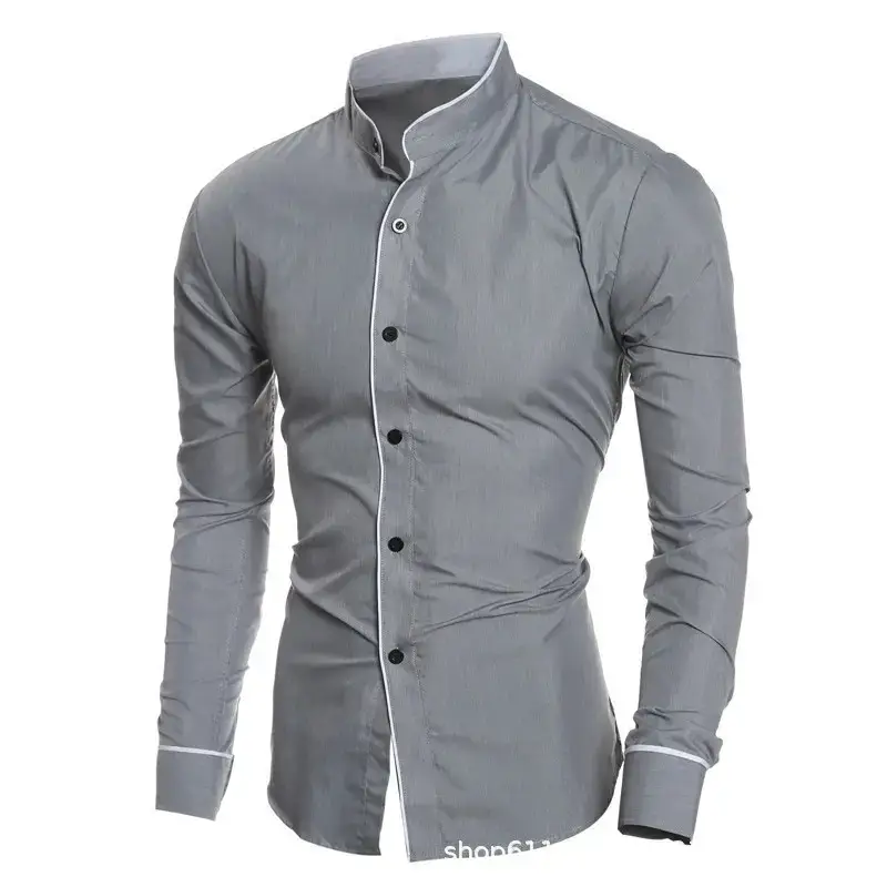 Men's Slim Fit Korean Style Long Sleeve Shirt Black White Gray - Image 3