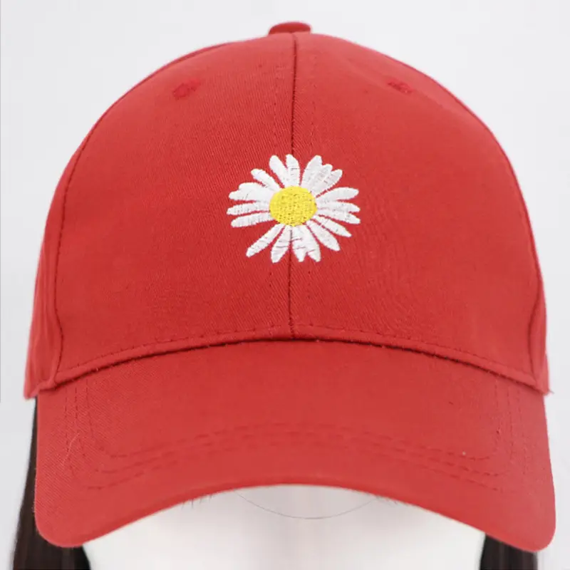 Red Peaked Cap with Daisy Embroidery for Women - Image 3