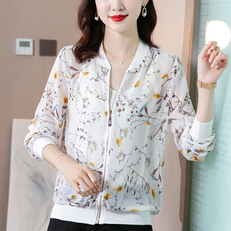Chiffon Floral Zipper Coat Large Women Summer Wear - Image 5